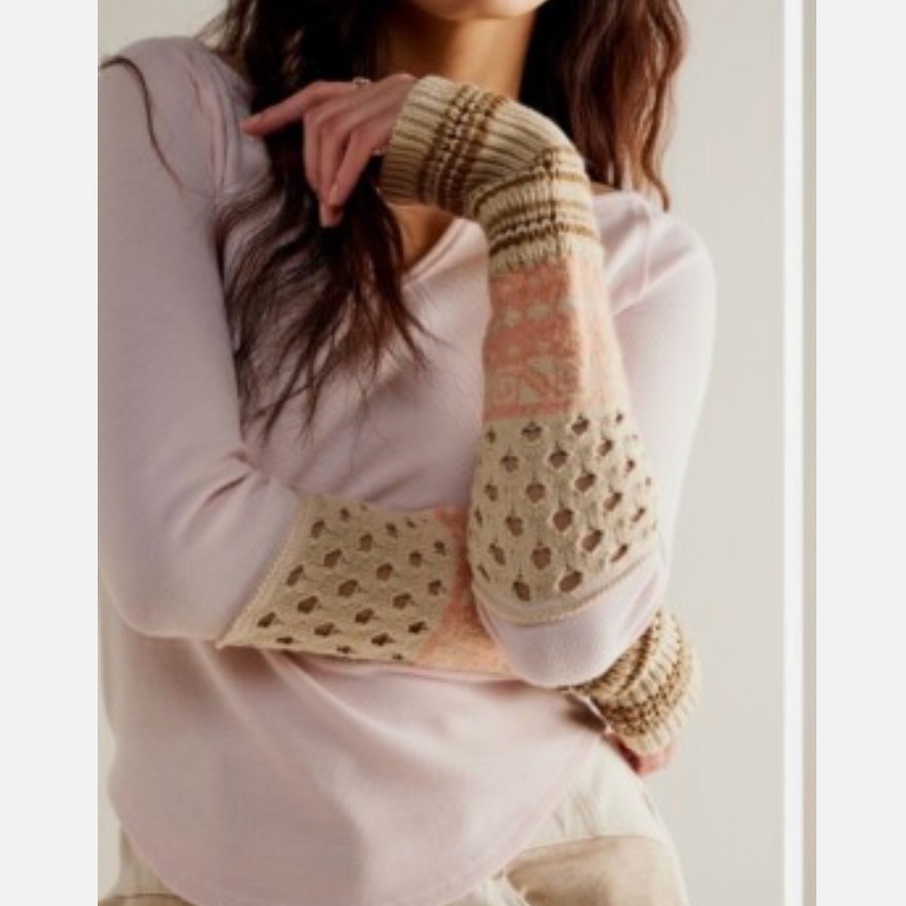 We The Free Long Sleeve Tee in Light Pink with Beige & Peach Knit Accents